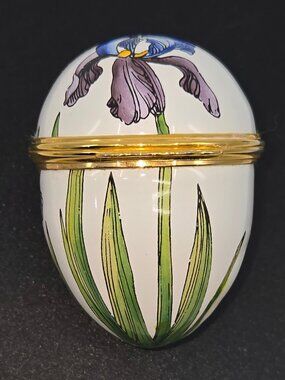 Hand-Painted Halcyon Days/Tiffany & Co. Porcelain Egg Trinket Box With Purple Ir
